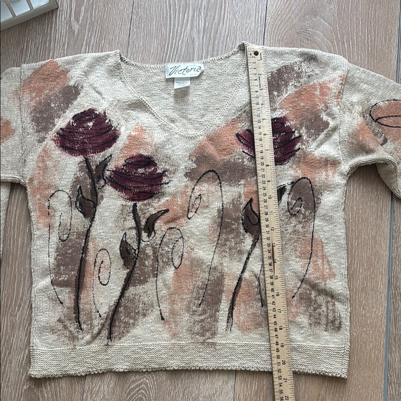 Vintage Victoria Sweater One Size Made in USA Floral Painted Cotton Pullover 90s - Picture 9 of 9
